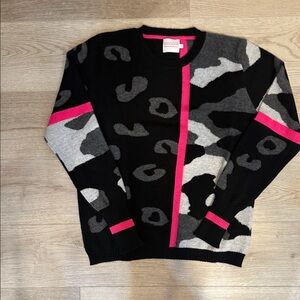 BRODIE CASHMERE S AVA LEOPARD CONTRAST SWEATER KHAKI WITH NEON PINK